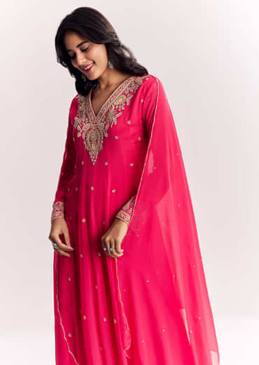 Pink Chinon Anarkali Dupatta Suit With Sequins Cutdana And Moti Work