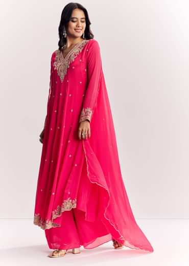 Pink Chinon Anarkali Dupatta Suit With Sequins Cutdana And Moti Work