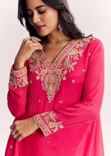 Pink Chinon Anarkali Dupatta Suit With Sequins Cutdana And Moti Work