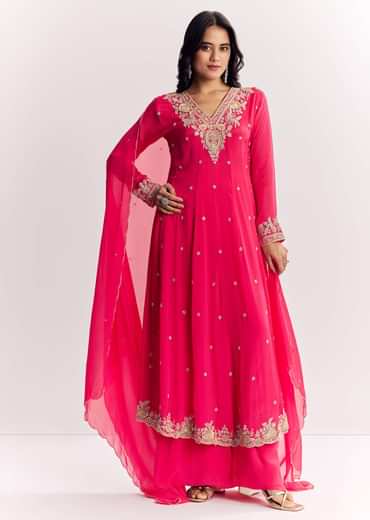 Pink Chinon Anarkali Dupatta Suit With Sequins Cutdana And Moti Work