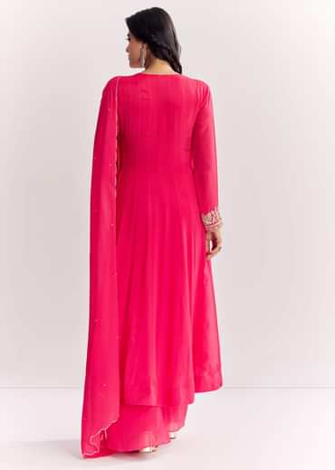 Pink Chinon Anarkali Dupatta Suit With Sequins Cutdana And Moti Work