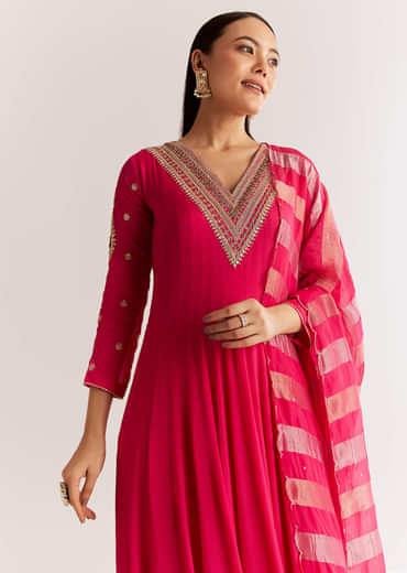 Pink Chinon Anarkali Set With Zardosi Sequins And Cutdana Work
