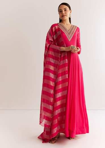 Pink Chinon Anarkali Set With Zardosi Sequins And Cutdana Work