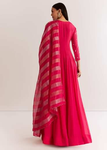 Pink Chinon Anarkali Set With Zardosi Sequins And Cutdana Work