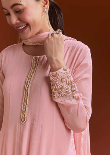Pink Chinon Anarkali Suit With Beads And Stone Work