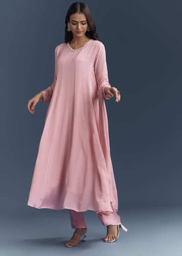 Light Pink Chinon Anarkali Suit With Cutdana And Sequins Embroidery