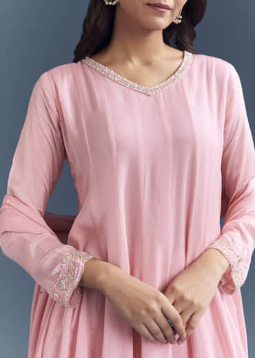 Light Pink Chinon Anarkali Suit With Cutdana And Sequins Embroidery