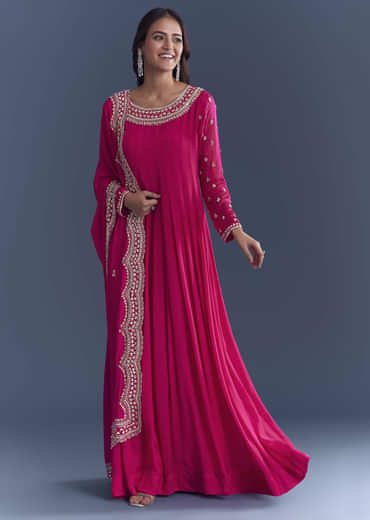 Pink Chinon Anarkali Suit With Cutdana And Sequins Embroidery