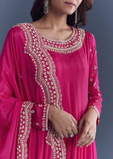 Pink Chinon Anarkali Suit With Cutdana And Sequins Embroidery