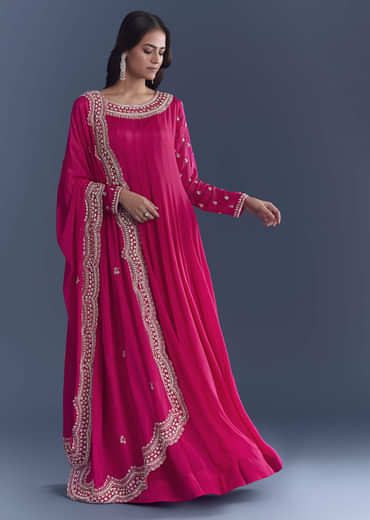 Pink Chinon Anarkali Suit With Cutdana And Sequins Embroidery