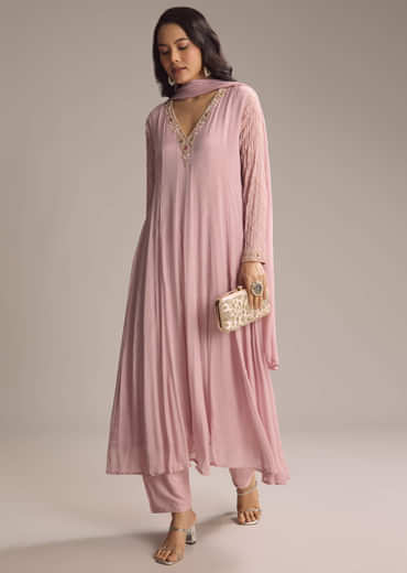 Pink Chinon Anarkali Suit With Cutdana And Sequins Work