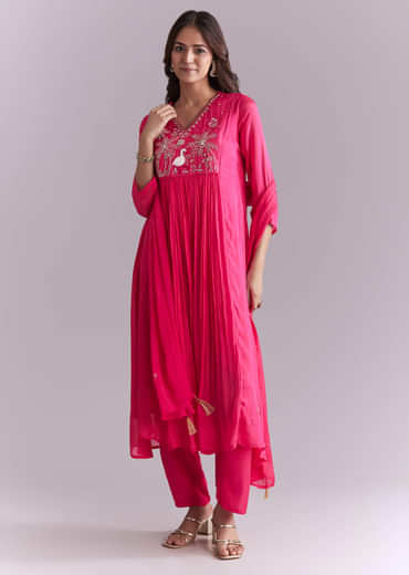 Pink Chinon Anarkali Suit With Moti And Resham Embroidery