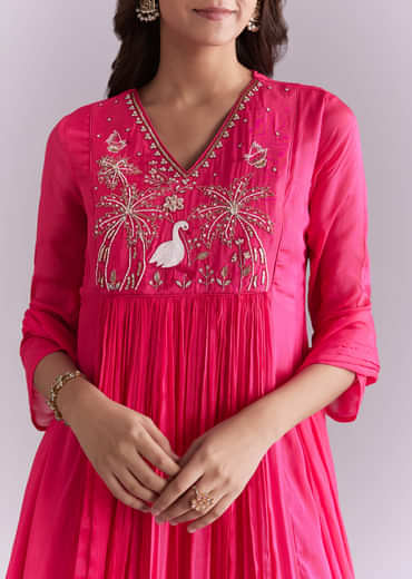 Pink Chinon Anarkali Suit With Moti And Resham Embroidery