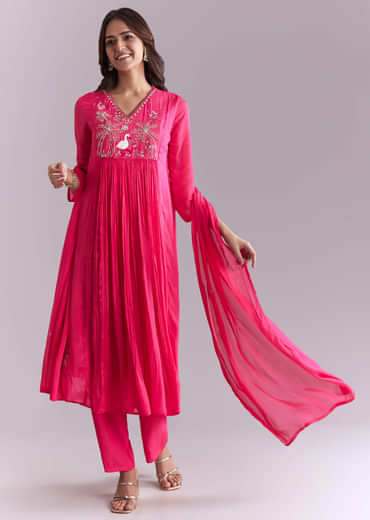 Pink Chinon Anarkali Suit With Moti And Resham Embroidery