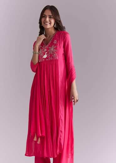 Pink Chinon Anarkali Suit With Moti And Resham Embroidery