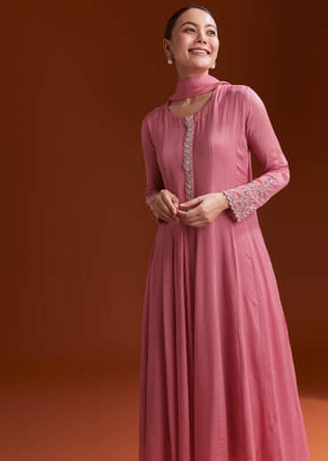 Pink Chinon Anarkali Suit With Moti And Stone Work