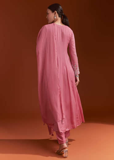 Pink Chinon Anarkali Suit With Moti And Stone Work
