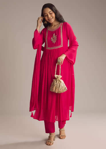 Pink Chinon Anarkali Suit With Zari Work