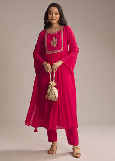Pink Chinon Anarkali Suit With Zari Work