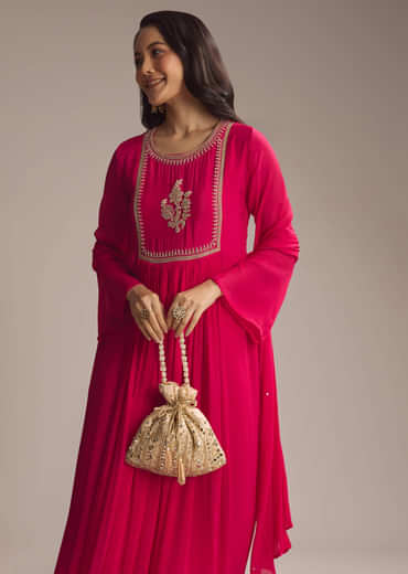 Pink Chinon Anarkali Suit With Zari Work