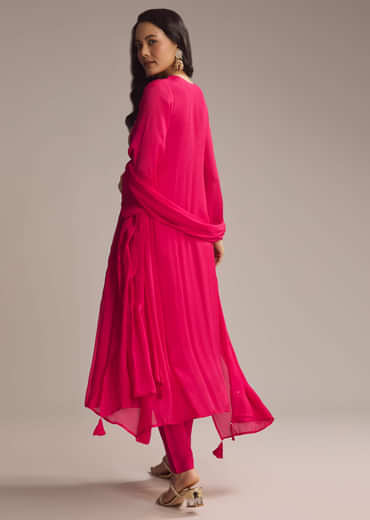 Pink Chinon Anarkali Suit With Zari Work
