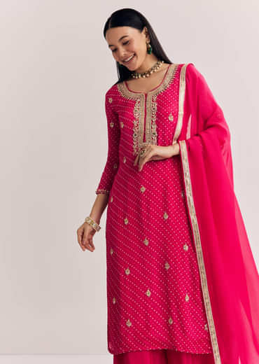 Pink Chinon Bandhani Palazzo Suit