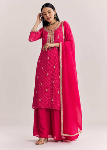 Pink Chinon Bandhani Palazzo Suit