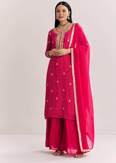 Pink Chinon Bandhani Palazzo Suit