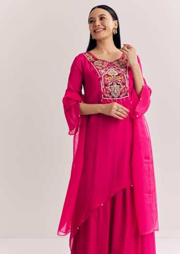 Pink Chinon Asymmetrical Palazzo Suit With Embroidery