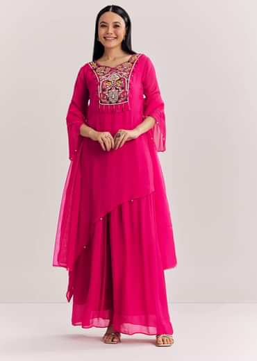 Pink Chinon Asymmetrical Palazzo Suit With Embroidery