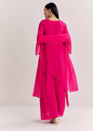 Pink Chinon Asymmetrical Palazzo Suit With Embroidery
