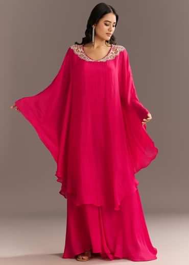 Pink Chinon Cape Style Kurta Palazzo With Zardosi Neckline