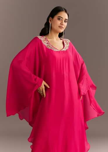 Pink Chinon Cape Style Kurta Palazzo With Zardosi Neckline
