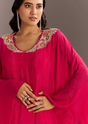 Pink Chinon Cape Style Kurta Palazzo With Zardosi Neckline