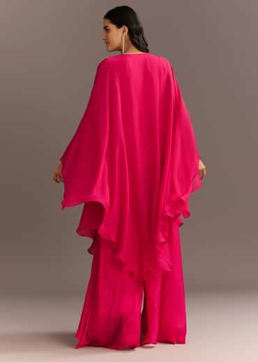 Pink Chinon Cape Style Kurta Palazzo With Zardosi Neckline