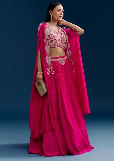 Pink Chinon Crop Top Cape Set With Embroidery