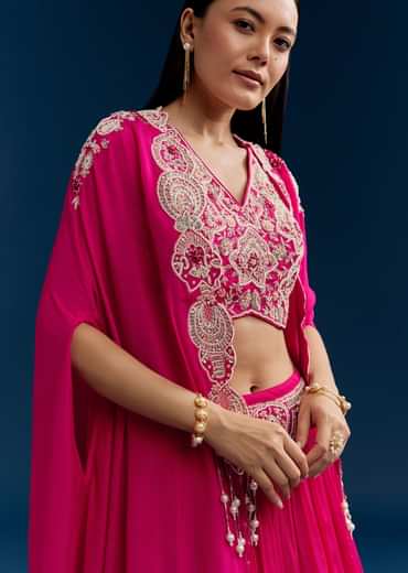 Pink Chinon Crop Top Cape Set With Embroidery
