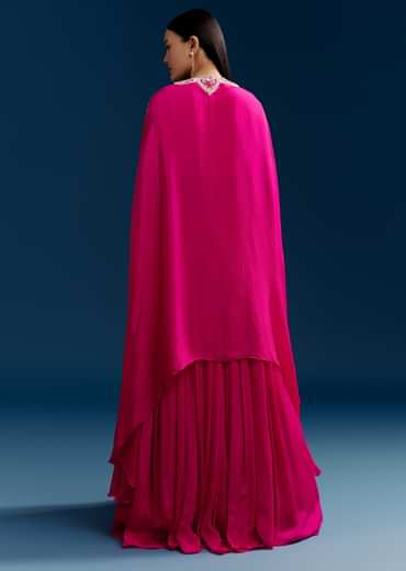 Pink Chinon Crop Top Cape Set With Embroidery