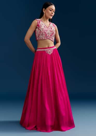 Pink Chinon Crop Top Cape Set With Embroidery