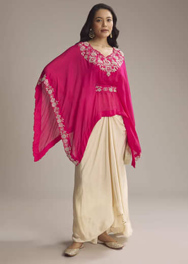 Pink Chinon Crop Top And Drape Skirt With Sequins And Moti Work