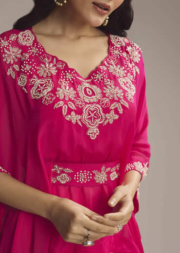 Pink Chinon Crop Top And Drape Skirt With Sequins And Moti Work