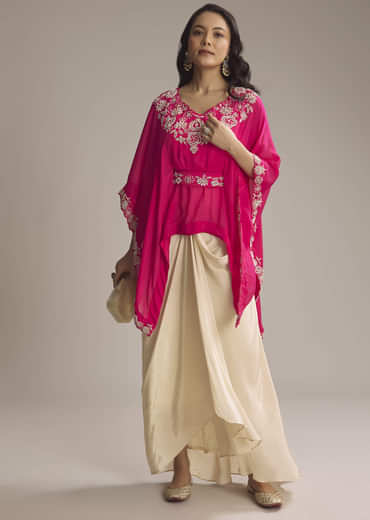 Pink Chinon Crop Top And Drape Skirt With Sequins And Moti Work