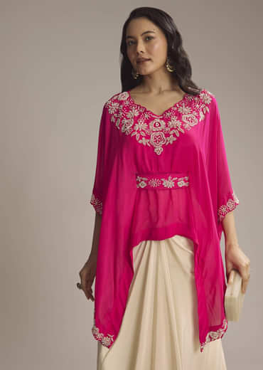 Pink Chinon Crop Top And Drape Skirt With Sequins And Moti Work