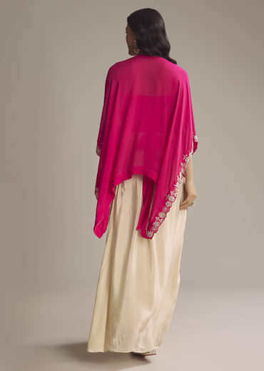 Pink Chinon Crop Top And Drape Skirt With Sequins And Moti Work