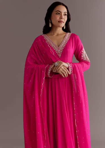 Pink Chinon Cutdana Embroidered Anarkali Dupatta Suit