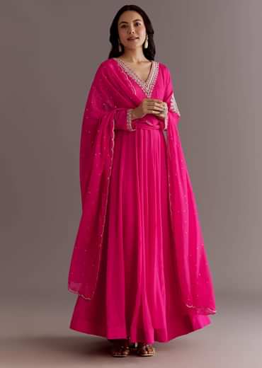 Pink Chinon Cutdana Embroidered Anarkali Dupatta Suit