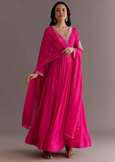 Pink Chinon Cutdana Embroidered Anarkali Dupatta Suit