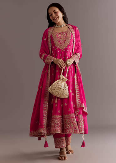 Pink Chinon Hand Embroidered Anarkali Suit With Dupatta