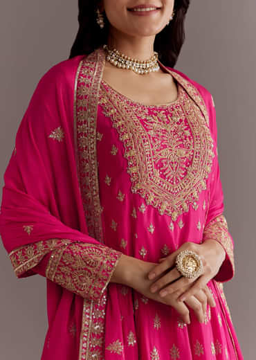 Pink Chinon Hand Embroidered Anarkali Suit With Dupatta