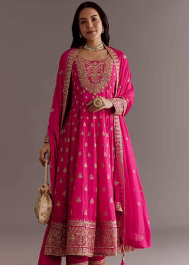 Pink Chinon Hand Embroidered Anarkali Suit With Dupatta
